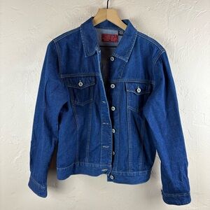 At Last Blue Jean Jacket Classic Denim Embellishment Cross Women’s Medium Cotton